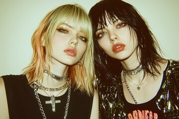 Naklejka premium Two Young Women with Stylish Hairstyles and Jewelry