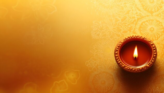 A lit diya candle on a yellow background with a design in the background.