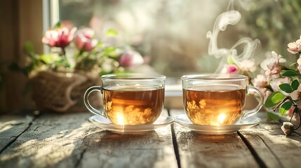 A couple of steaming cups of tea sitting on a weathered wooden table, with a delicate floral arrangement in the background, evoking a sense of peacefulness and comfort