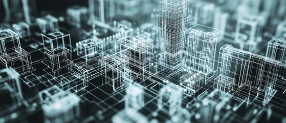 Abstract 3D wireframe representation of a futuristic website layout, highlighting the complexity and innovation in web development