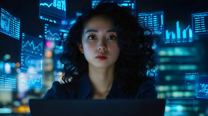 Businesswoman with a hologram, surrounded by digital analysis and financial data, analyzing charts and graphs in a futuristic business setting, featuring a professional woman in a technology office
