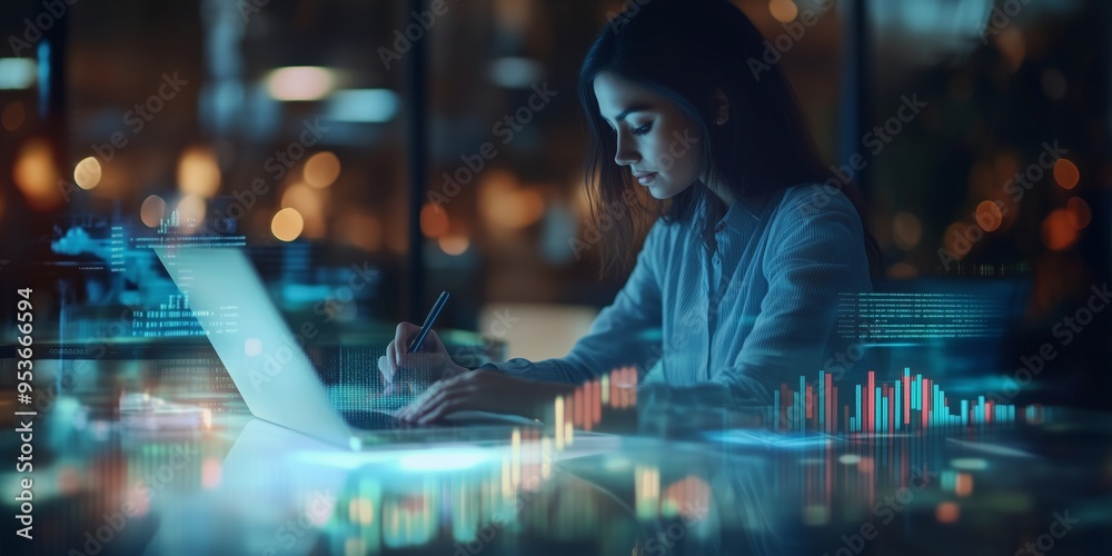 Poster A dedicated professional engaged in detailed data analysis, using advanced technology and strategies to drive success and foster innovation in a modern workspace across various sectors