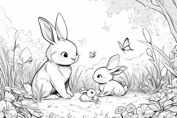 Rabbit with butterfly, line drawing, kids coloring pages.outline coloring page illustration