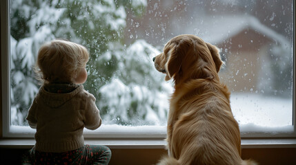 Fototapeta na wymiar A child and a dog sitting by a window, gazing at the snow falling outside, sharing a moment of wonder and warmth during a winter day