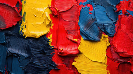 Vibrant abstract painting with bold, textured brushstrokes in primary colors of red, yellow, and blue, creating a dynamic and energetic visual impact.