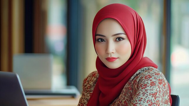Asian hijap woman in front of laptop