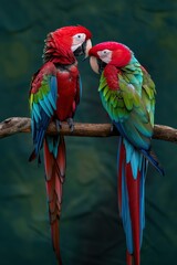Obraz premium Two red and green macaws perched on a branch, one nuzzling the other.