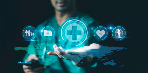Healthcare technology, Doctor Utilizing Digital in Data analysis on network screen, management tools, health records, medical devices, diagnostics, patient monitoring, General Medical Services