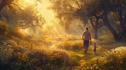 Fototapeta premium a photo of A serene landscape at sunrise, with soft golden light filtering through the trees