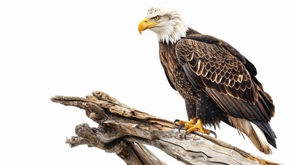 A bald eagle with white head and tail feathers perched on a branch, isolated on a white background.