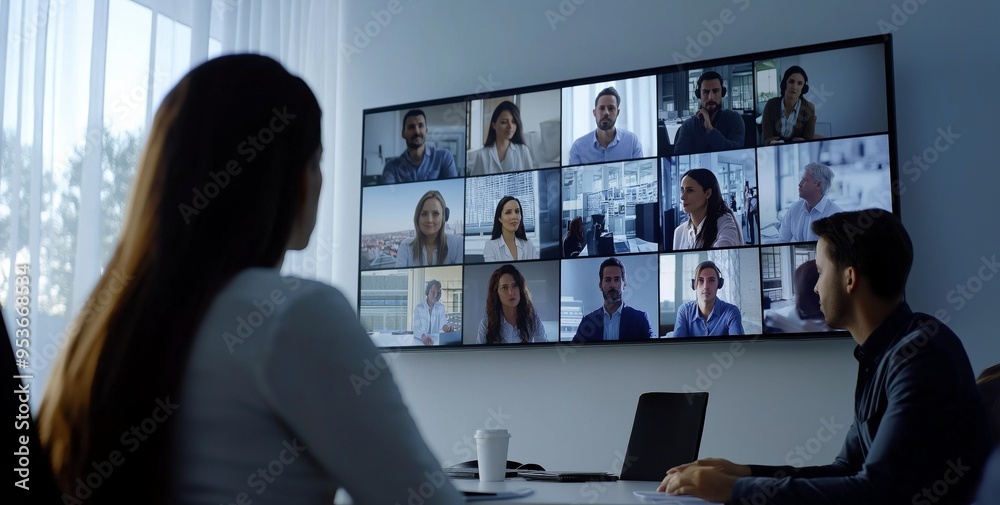 Aufkleber Virtual Business Meeting with Remote Participants to Discuss Key Topics and Collaborate Effectively Using Technology for Enhanced Communication and Productive Teamwork in the Corporate Workspace