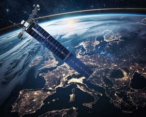 High-speed satellite communication network above a night-lit Europe from space
