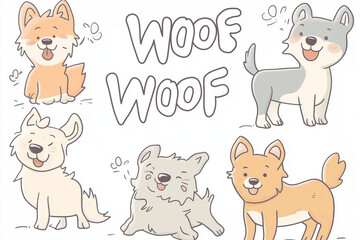 Simple cartoon illustrations of dogs in various poses and expressions