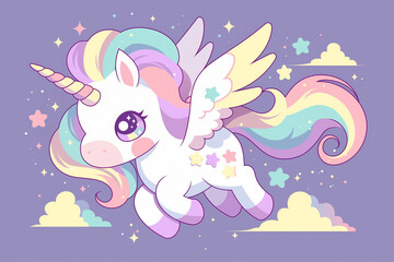 Unicorn sweet and cute illustration, magic fantasy design. Cartoon rainbow animal, fairy tale unicorn, printable poster.
