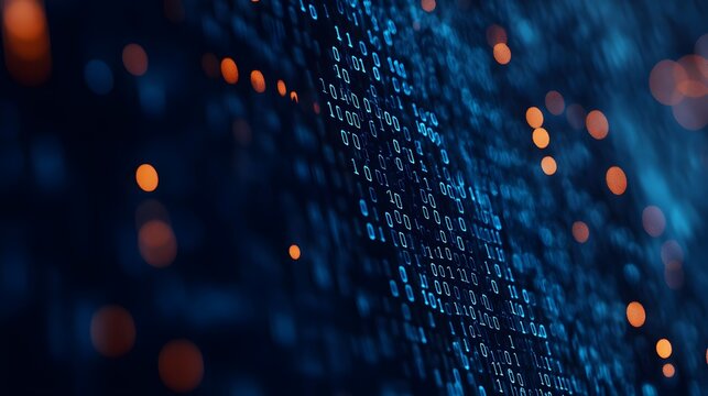 Digital binary code background with a bokeh effect, symbolizing data technology and information exchange in the digital age