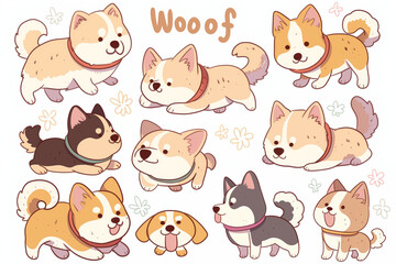 Fototapeta premium A set of cute cartoon dogs for an adorable atmosphere. Clip art or stickers. Vector illustration