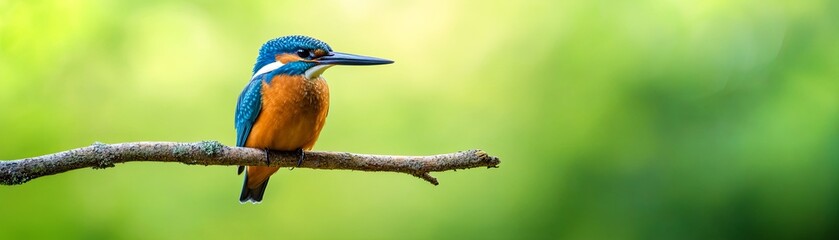 A bright blue and orange kingfisher perches on a branch with a green, blurred background.