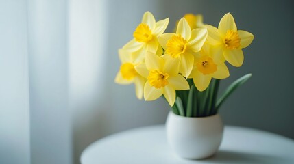 Yellow narcissus flowers in a white vase on a table in a bright room with copy space