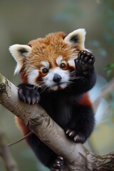 Fototapeta premium A red panda cub sits on a branch, waving with its paw.
