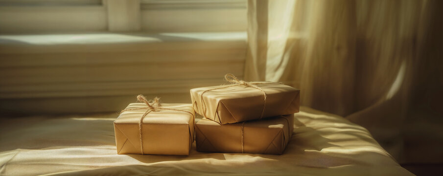 Christmas presents wrapped in brown ecological recycled paper indoors