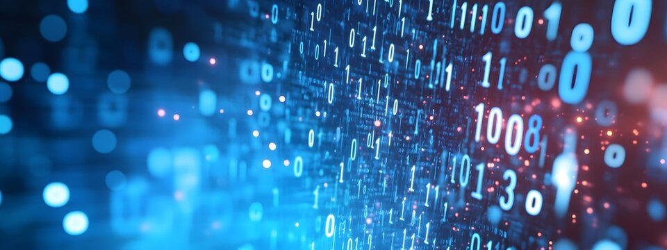 Digital binary code background with a bokeh effect, symbolizing data technology and information exchange in the digital age