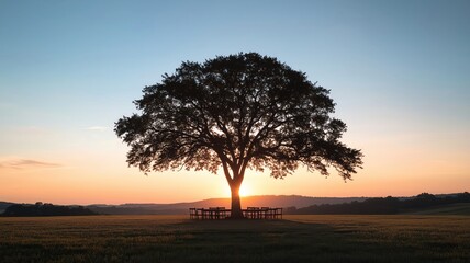 A grand tree silhouetted by the setting sun, its branches beginning to glow as night falls, blending the transition between day and night, Tree, Night