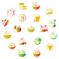 A diverse range of food and drink icons representing various cuisines and dietary choices.