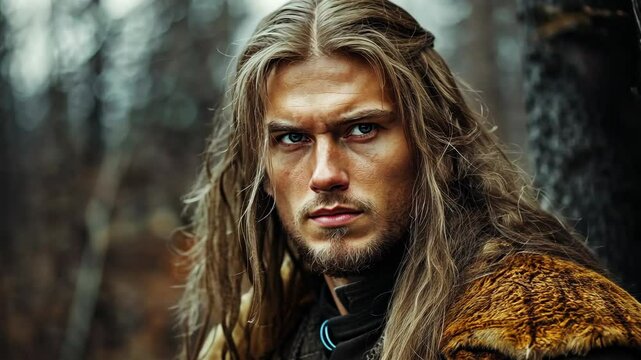 A warrior from the past stands resolute in a rugged landscape with long hair and a fur cloak