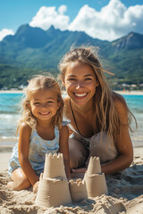 Caucasian mother and daughter build a sand castle on the beach, family is happily doing activities together.