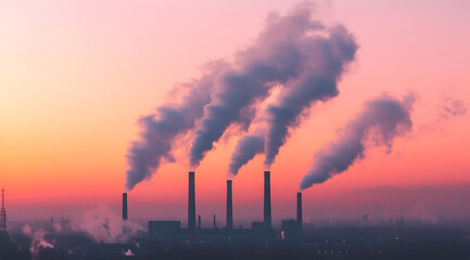 Factory Smokestacks Emitting Heavy Smoke at Sunrise
