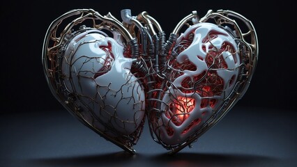 Biomechanical Heart: A heart that is half organic and half mechanical, with glowing circuitry merging with veins and arteries 
