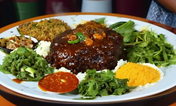 Ethiopian Food Platter with Injera, Meat Stew, and Vegetables