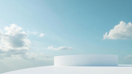 Minimalist outdoor architectural scene with white walls and blue sky background