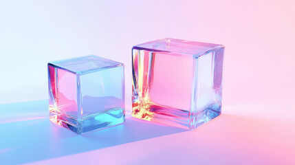 Colorful crystal cube, glow geometric shape on a soft gradient background. Shiny transparent gemstone. Concept of beauty and elegance.