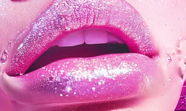 Сlose up pink lips in the gloss water.
