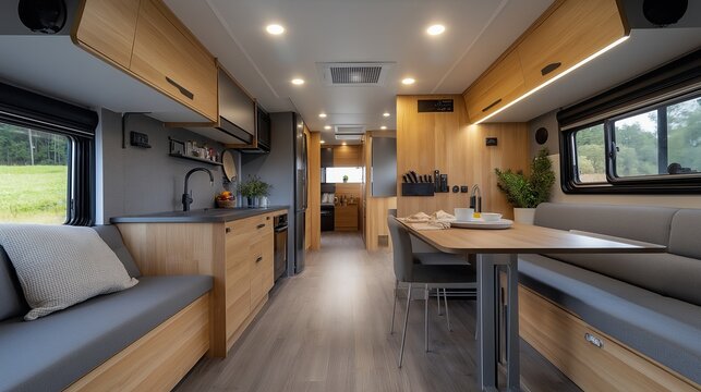 Interior of a modern motorhome featuring a kitchen, dining table, and lounge area with wooden finishes and large windows