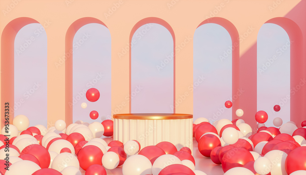 Aufkleber a podium backdrop for product display with balloons background. celebration concept. 3d rendering