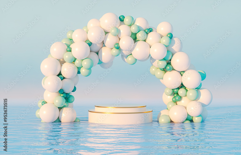 Poster a natural beauty podium backdrop for product display with balloons arch on seascape background. 3d r