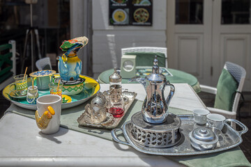 Tea and coffee drinking sets with traditional Turk decorations. Lokmaci, the border crossing point...