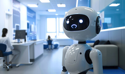 A robot volunteering a modern hospital, surrounded by doctors working. The setting is bright and high-tech, representing medical innovation.
