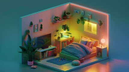 tiny cute isometric (room), in a cutaway box, soft smooth lighting, soft colors, 100mm lens, 3d blender render, unreal engine, reaslistic lighting, multiple lighting source, lumien render, artstation,