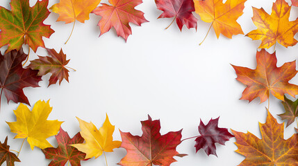 Fototapeta premium Autumn background with colored maple leaves framed, isolated on a white background
