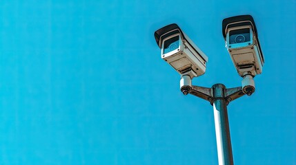 Two modern surveillance cameras mounted on a pole against a clear blue sky, providing comprehensive security coverage for urban environments.