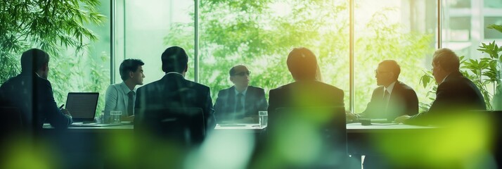 Modern offices host diverse professionals collaborating on innovative business strategies. Executives align visions while vibrant greenery and advanced tech boost creativity and productivity