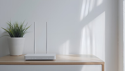 New white Wi-Fi router on wooden table indoors
