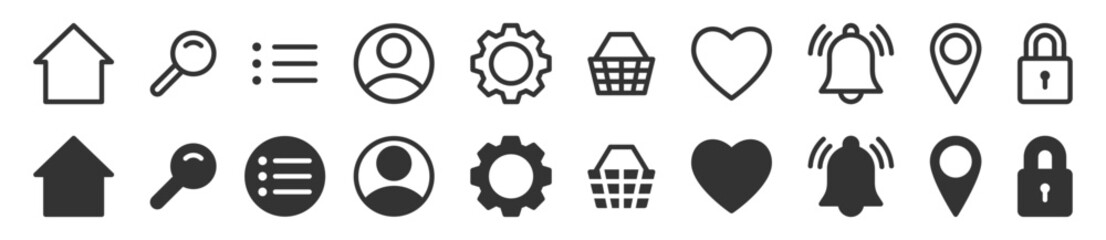 Vector icons set featuring essential UI elements like home, search, settings, profile, heart, and more. Ideal for web and app design.