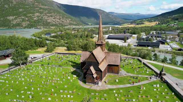 Norwegian wooden church Lom stavkyrkje front side turning aereal