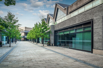 Modern Urban Street with Lush Green Trees and Contemporary Architecture