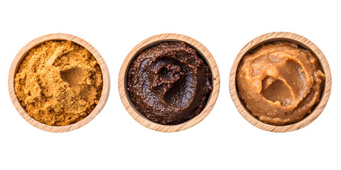 Japanese Miso Paste  White Miso  and Brown Miso in Wooden Bowls