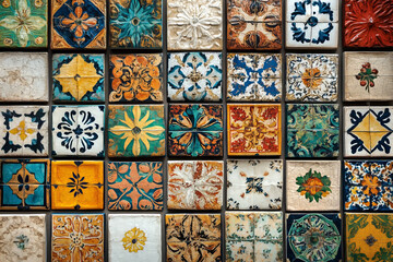 Brightly colored tiles with traditional patterns. Arranged neatly on the wall, each tile is painted with a unique design.